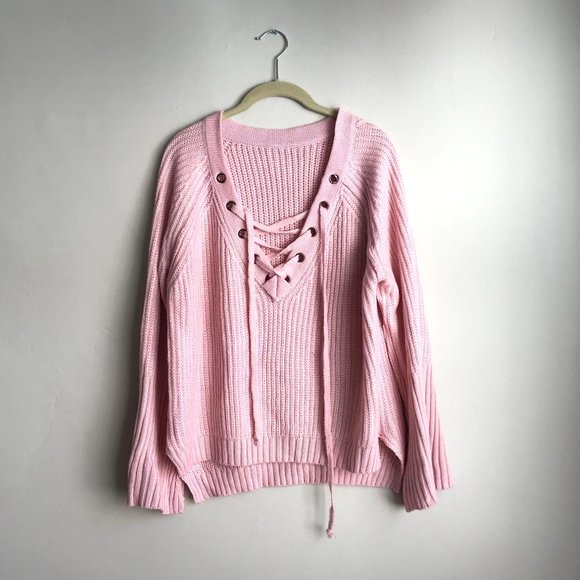 Light Pink V-Neck Lace-Up Sweater - Picture 1 of 4